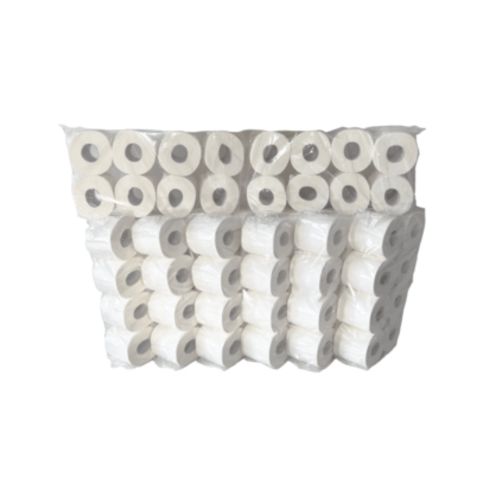 A large package with several rolls of Papernet toilet paper 416640, arranged in three layers. The 3-ply rolls, made by Sofidel Germany GmbH from recycled paper, are packaged in a transparent plastic wrapping.