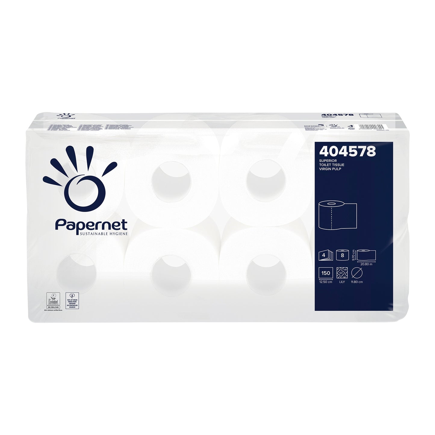 Displayed is a package of Papernet toilet paper 404578 from Sofidel Germany GmbH, which presents the rolls in a transparent package. The package contains eight 4-ply rolls, each indicating hygiene and sustainability. Detailed product information is prominently printed on the front.