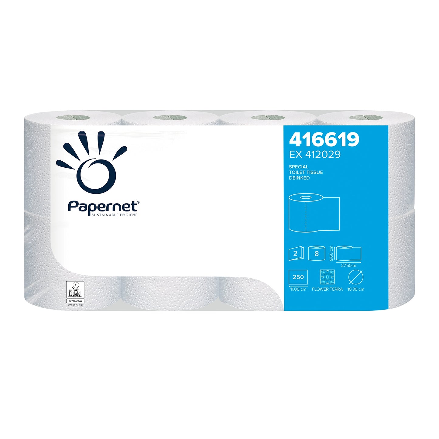 A package of Papernet toilet paper 416619 from Sofidel Germany GmbH, containing eight rolls of 2-ply tissue. The packaging displays product information, including a blue section with numbers, an EcoLabel certification seal, and images highlighting features such as the number of sheets and dimensions.