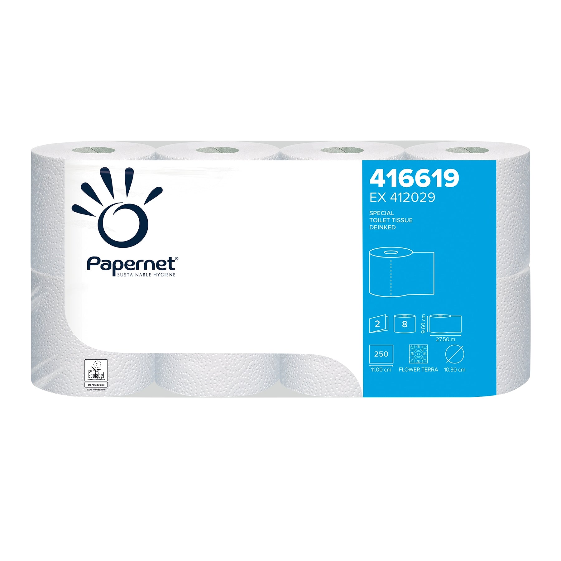 A package of Papernet toilet paper 416619 from Sofidel Germany GmbH, containing eight rolls of 2-ply tissue. The packaging displays product information, including a blue section with numbers, an EcoLabel certification seal, and images highlighting features such as the number of sheets and dimensions.