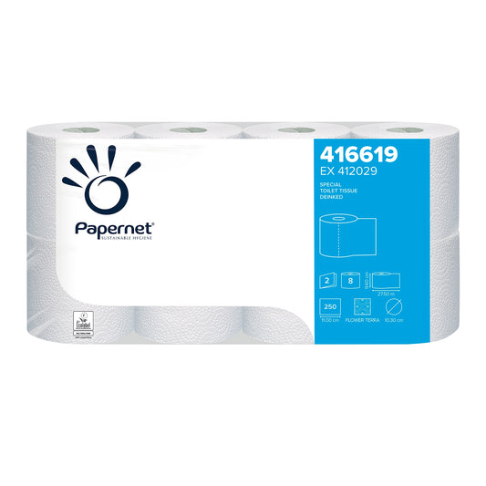 A package of Papernet toilet paper 416619 from Sofidel Germany GmbH, containing eight rolls of 2-ply tissue. The packaging displays product information, including a blue section with numbers, an EcoLabel certification seal, and images highlighting features such as the number of sheets and dimensions.