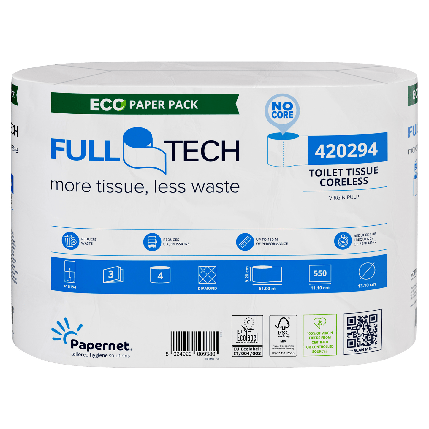 The packaging of the Papernet toilet paper 420294 with Full Tech Technology from Sofidel Germany GmbH highlights its eco-friendly features, such as being 3-ply and made from virgin pulp. It includes a QR code, product details, and symbols indicating environmental benefits and usage instructions, embodying the innovation of Full Tech Technology.