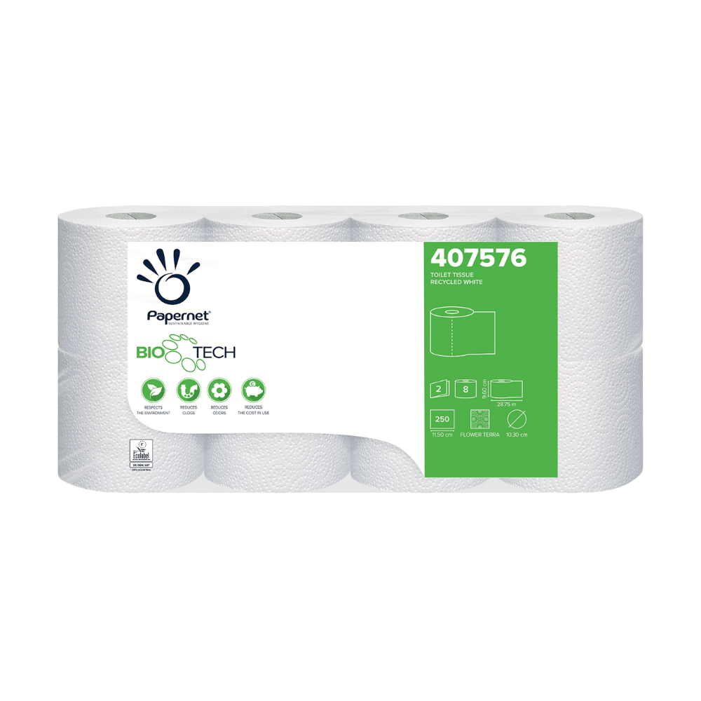 The image shows a pack of eight rolls of Papernet toilet paper with Bio Tech technology, manufactured by Sofidel Germany GmbH. The packaging indicates the use of recycled materials and is adorned with eco-friendly symbols. With the product code 407576, it highlights its biologically active technology for combating pathogenic bacteria.