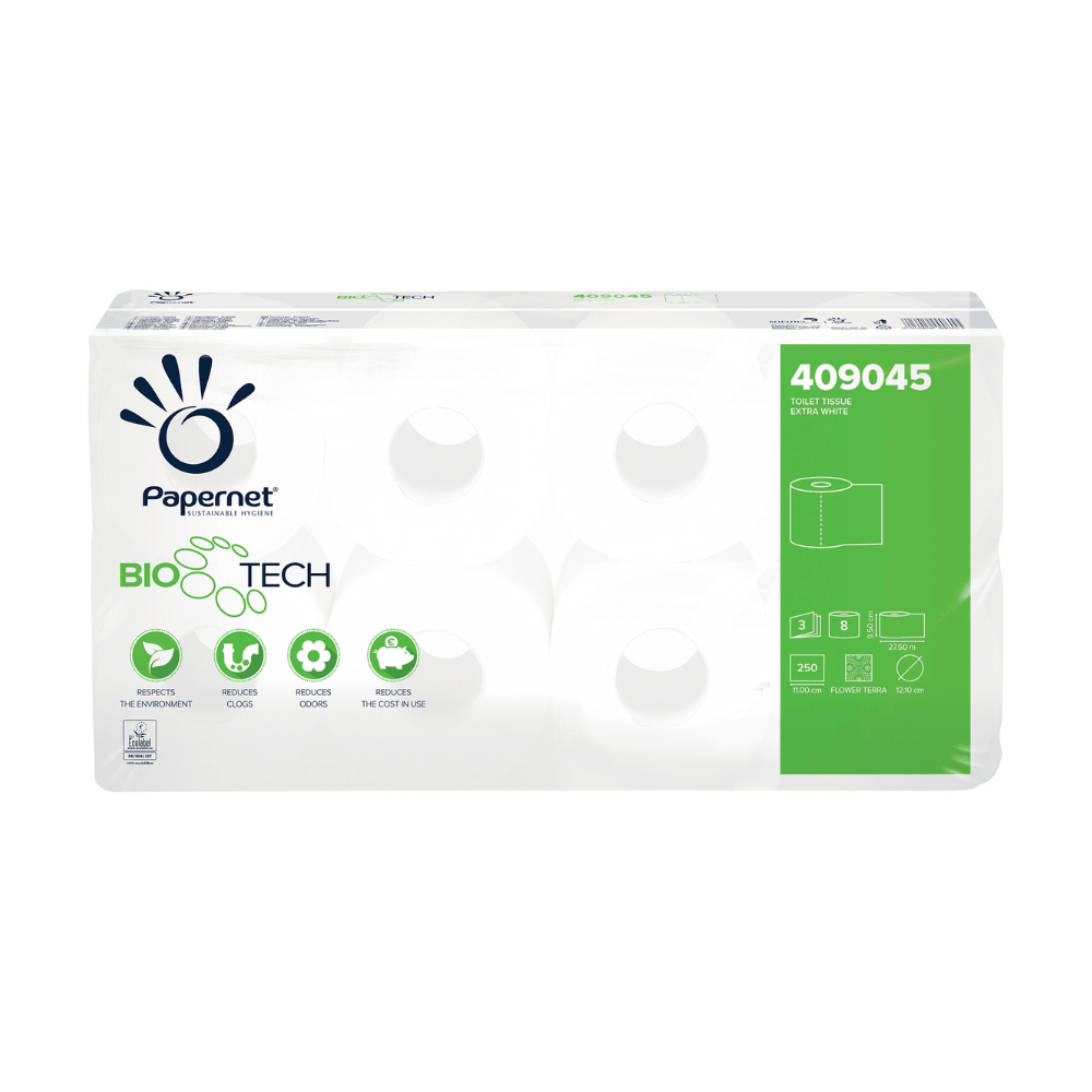 We present the Papernet toilet paper with Bio Tech technology from Sofidel Germany GmbH, product code 409045. This enhanced toilet paper with Biologic-Active-Tissue-Paper technology is delivered in biodegradable rolls. The predominantly white packaging is accented with green highlights to emphasize its eco-friendly features, and the product code is prominently displayed in the upper right corner.