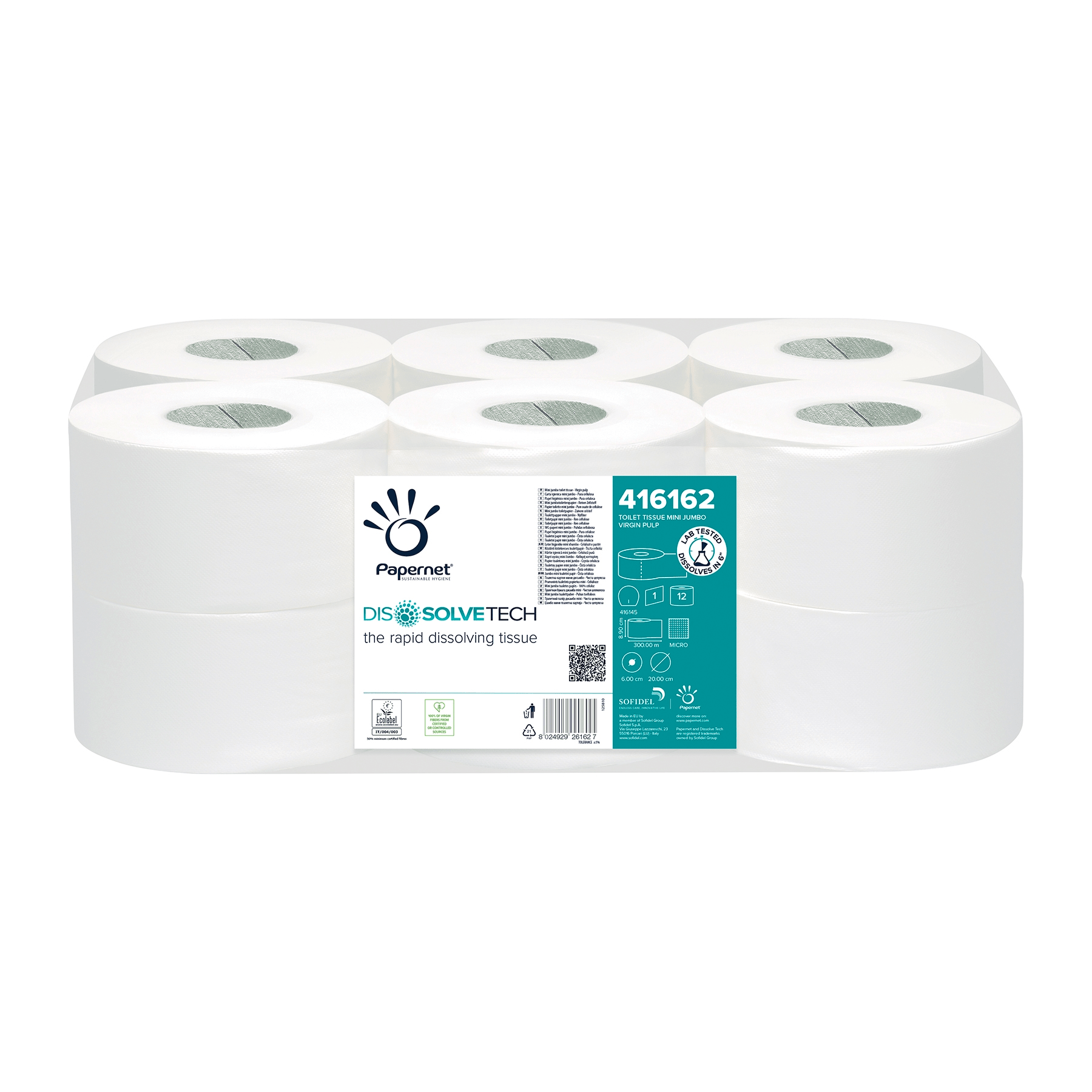 A plastic-wrapped package containing twelve rolls of Papernet toilet paper with Dissolve Tech technology 416162 labeled "Dissolve Tech" and product number 416162. The packaging highlights features such as quick dissolution, environmental certification, and a QR code for more information about the Dissolve Tech technology.