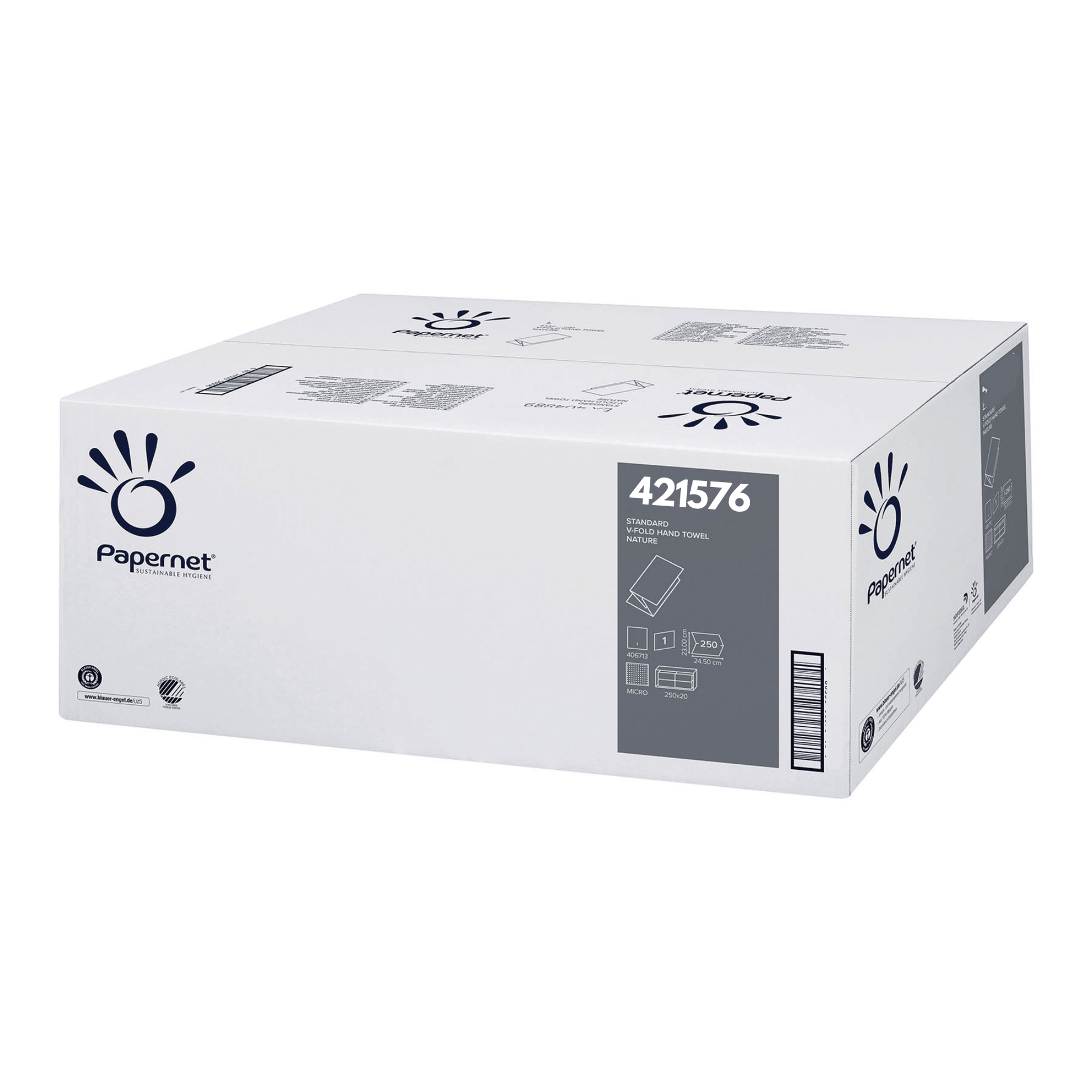 A white rectangular box with 1-ply Papernet V-fold paper towels (421576) from Sofidel Germany GmbH is delivered in a carton with logos and descriptions emphasizing the company's commitment to recycled paper.