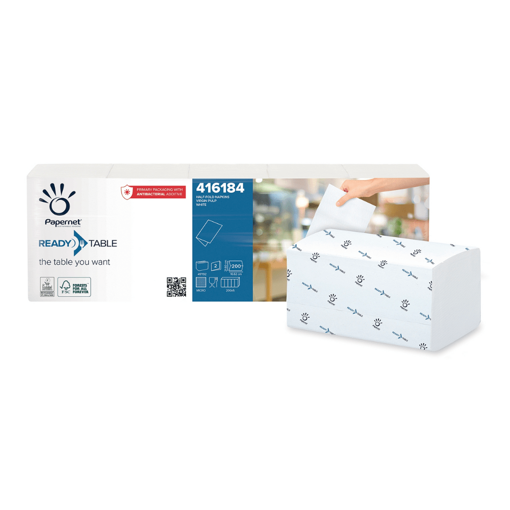 A pack of Papernet ½ fold napkins with Ready Table Technology, item number 416184, shows a hand taking one of the two-ply, FSC-certified napkins. The package contains 250 napkins and is decorated with a subtle blue pattern. Brand: Sofidel Germany GmbH.