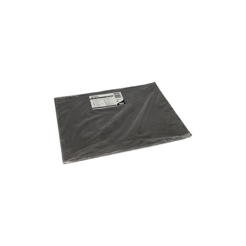 A rectangular black PAPSTAR 100 placemats, paper 30 x 40 cm from PAPSTAR GmbH is sealed in clear plastic with a white and black label. The eco-friendly packaging is depicted against a plain white background.