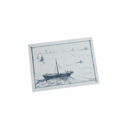 A monochrome sketch of a boat anchored on the shore with sails and distant birds adorns these 100 placemats (paper, 30 x 40 cm) from PAPSTAR GmbH - perfect for bringing artistic flair to the table.