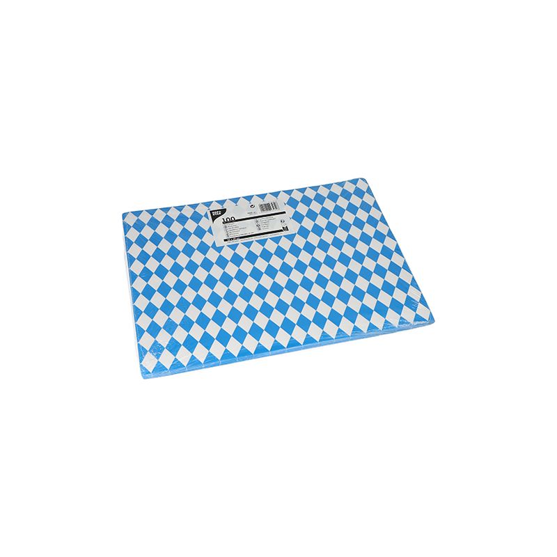 A PAPSTAR GmbH paper placemat, 30 x 40 cm, with a blue-white diamond pattern, eco-friendly, with a label with text and barcode in the center. Photographed on a white background. Product: PAPSTAR 100 placemats, paper.
