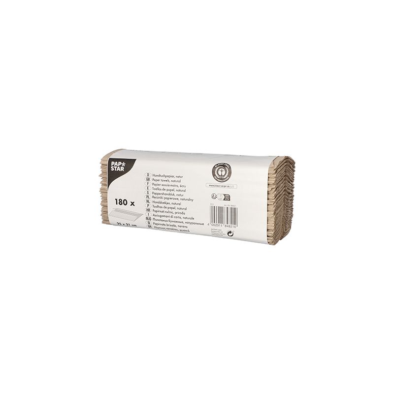 Product description: A banderole with 180 PAPSTAR towel paper C-fold napkins in the format 31 cm x 25 cm. The single-layer, natural brown napkins are delivered in a white packaging containing product and brand information in multiple languages. They are made from recycled material and proudly carry the Blue Angel for their environmentally friendly properties.