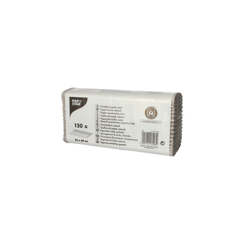 A package of PAPSTAR C-fold paper towels, natural color and single-ply, with 120 sheets, is nicely presented on a white background.