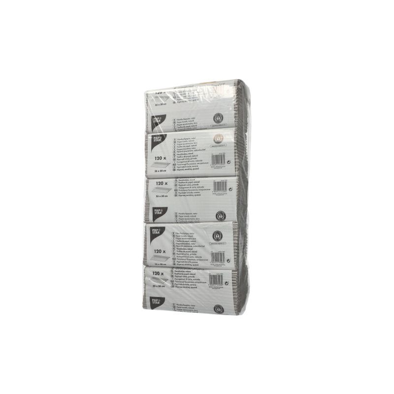 A package wrapped in shrink wrap with PAPSTAR C-fold paper towels, sheet size 50 cm x 25 cm, in natural color, single-ply, totaling 120 sheets per package. The packaging is predominantly white and features black and red text containing product details and trademarks of PAPSTAR GmbH.