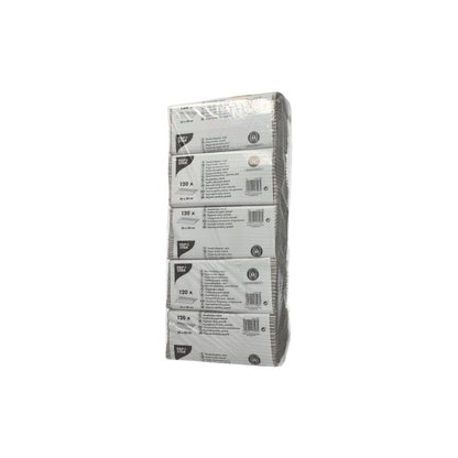 A package wrapped in shrink wrap with PAPSTAR C-fold paper towels, sheet size 50 cm x 25 cm, in natural color, single-ply, totaling 120 sheets per package. The packaging is predominantly white and features black and red text containing product details and trademarks of PAPSTAR GmbH.