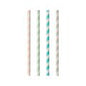 Four PAPSTAR 100 paper straws (Ø 6 mm, from PAPSTAR GmbH) lie side by side. Each straw shows a different pastel stripe pattern: pink, green, blue, or gray with white diagonal stripes.