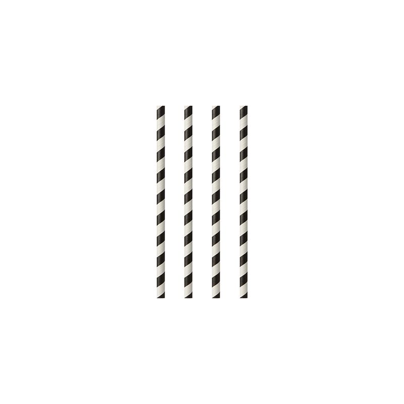 Four PAPSTAR 100 paper straws (Ø 6 mm, from PAPSTAR GmbH) with diagonal black stripes stand vertically in a row on a white background.