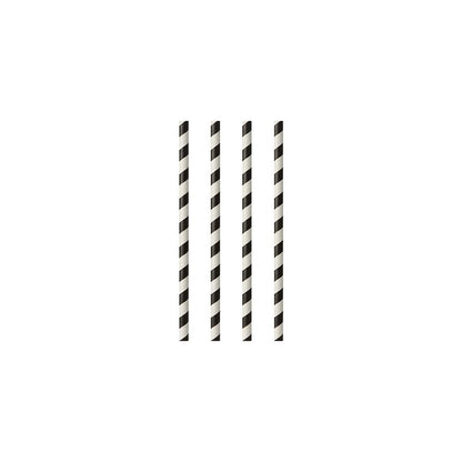 Four PAPSTAR 100 paper straws (Ø 6 mm, from PAPSTAR GmbH) with diagonal black stripes stand vertically in a row on a white background.