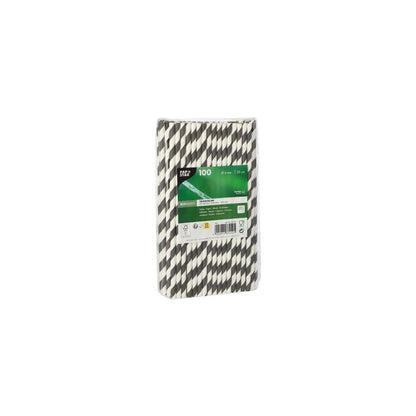 A pack of 100 PAPSTAR GmbH paper straws, Ø 6 mm, stands upright with a green-white label containing product information on the front.