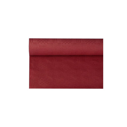 A rolled-out piece of PAPSTAR paper tablecloth with damask embossing, partially unrolled, is presented against a plain white background. The fabric features a subtle damask embossing pattern and measures 8 m x 1.2 m.