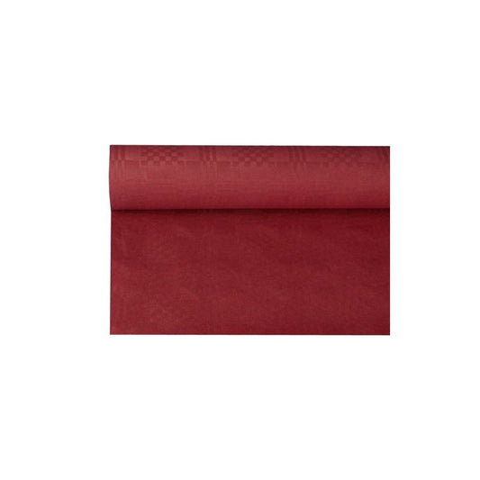 A rolled-out piece of PAPSTAR paper tablecloth with damask embossing, partially unrolled, is presented against a plain white background. The fabric features a subtle damask embossing pattern and measures 8 m x 1.2 m.