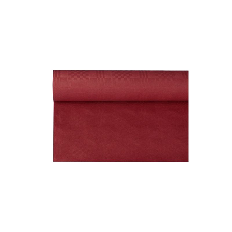 A roll of deep red PAPSTAR fabric with elegant damask embossing design is partially unrolled and thus ideally suited for festive occasions. The fabric appears smooth and evenly colored and has a rich hue that exudes elegance.