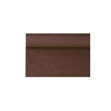 A roll of damask-embossed paper tablecloth from PAPSTAR GmbH with an elegant brown damask pattern is presented against a white background. The textured paper tablecloth is partially unrolled, showcasing its intricate design, ideal for sophisticated table decoration.