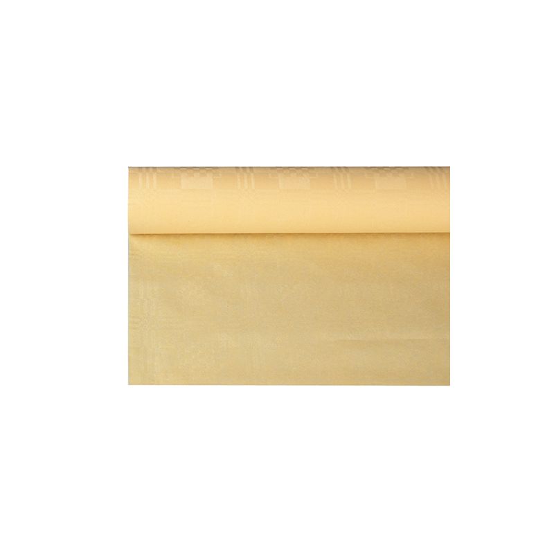 A roll of light yellow paper tablecloth from PAPSTAR GmbH with subtle damask pattern, ideal for festive occasions. Partially unrolled, it shows its smooth and even surface, adding elegance to any setting. With dimensions 6 m x 1.2 m, this tablecloth enhances the atmosphere of your celebration.