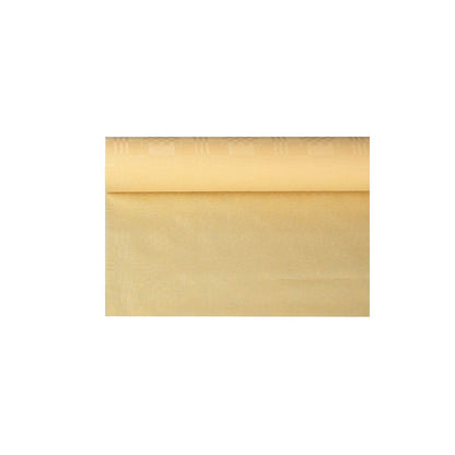 A roll of light yellow paper tablecloth from PAPSTAR GmbH with subtle damask pattern, ideal for festive occasions. Partially unrolled, it shows its smooth and even surface, adding elegance to any setting. With dimensions 6 m x 1.2 m, this tablecloth enhances the atmosphere of your celebration.