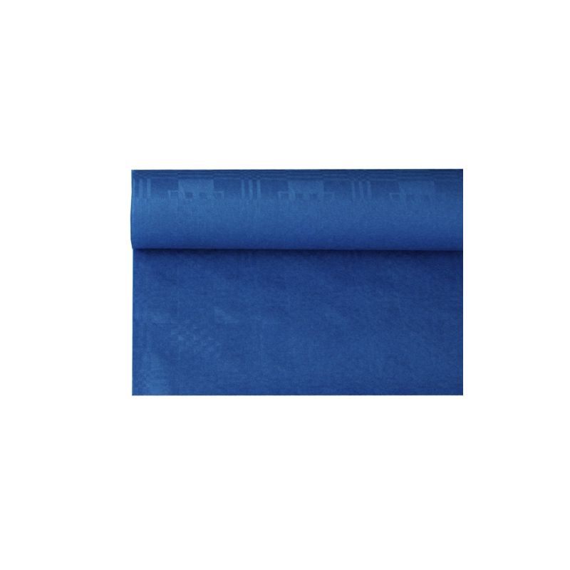 A partially unrolled blue PAPSTAR paper tablecloth with a subtle damask embossing pattern is seen against a plain white background. Perfect for various crafting or sewing projects, it can also serve as inspiration for table decoration.