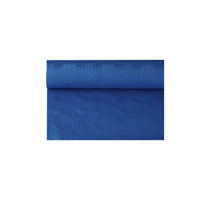 A partially unrolled blue PAPSTAR paper tablecloth with a subtle damask embossing pattern is seen against a plain white background. Perfect for various crafting or sewing projects, it can also serve as inspiration for table decoration.