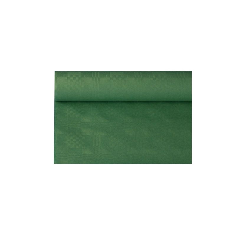 A roll of PAPSTAR paper tablecloth with a subtle damask embossing structure, partially unrolled on a white background, ideal for elegant table decoration.