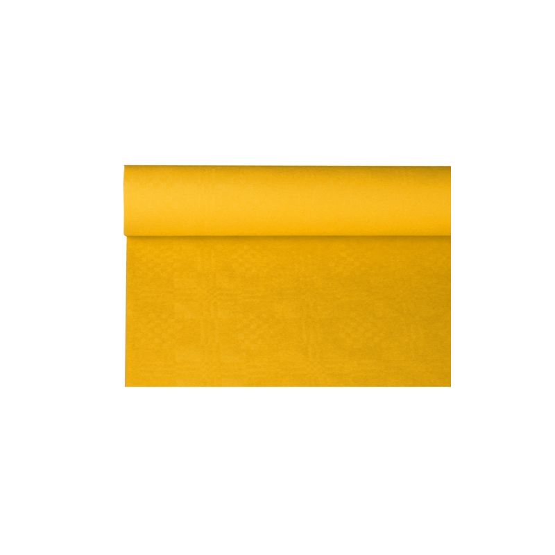 A roll of the bright yellow paper tablecloth with damask embossing from PAPSTAR, partially unrolled, highlights its smooth texture and luxurious appeal. Against a plain white background, it shows its vibrant color and high-quality material, making it ideal for any table decoration.