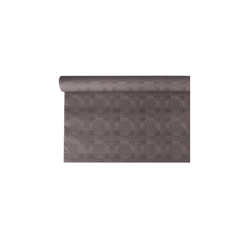 A roll of dark gray paper tablecloth with geometric damask embossing pattern from PAPSTAR GmbH is half unrolled, revealing a checkered design on a plain white background.