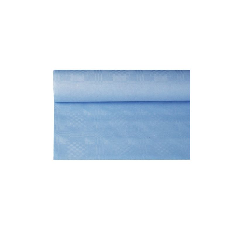 A partially unrolled roll of PAPSTAR paper tablecloth in light blue, viewed from above, shows a subtle checkered pattern and elegant damask embossing. This 8 m x 1.2 m tablecloth from PAPSTAR GmbH is ideal for any table decoration, adding a touch of class to your setting.
