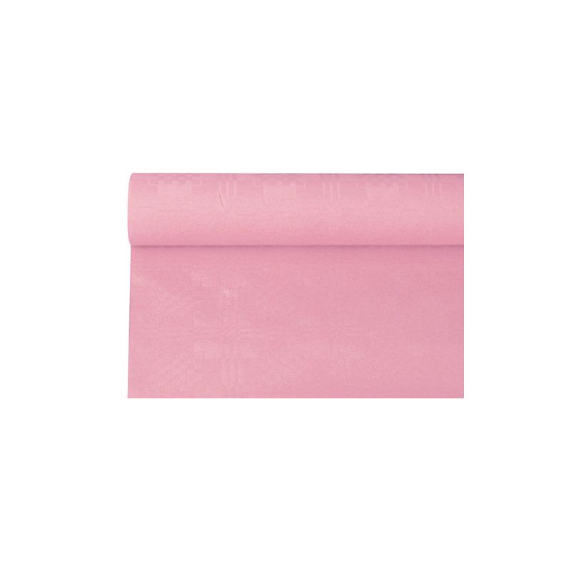 A rolled-out piece of PAPSTAR paper tablecloth with damask embossing, in a pink shade, rests elegantly on a white background.