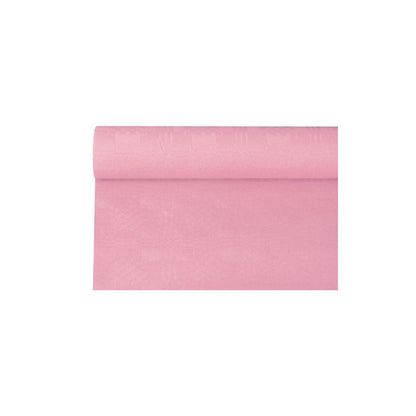 A rolled-out piece of PAPSTAR paper tablecloth with damask embossing, in a pink shade, rests elegantly on a white background.