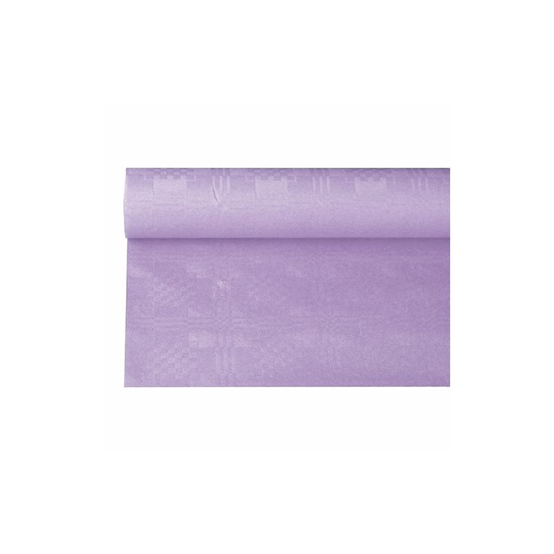 A PAPSTAR paper tablecloth with damask embossing in a light lilac tone, reminiscent of a festive occasion, unrolls elegantly on a white background, revealing its smooth surface and even color with its subtle damask pattern.