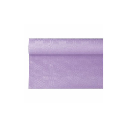 A PAPSTAR paper tablecloth with damask embossing in a light lilac tone, reminiscent of a festive occasion, unrolls elegantly on a white background, revealing its smooth surface and even color with its subtle damask pattern.