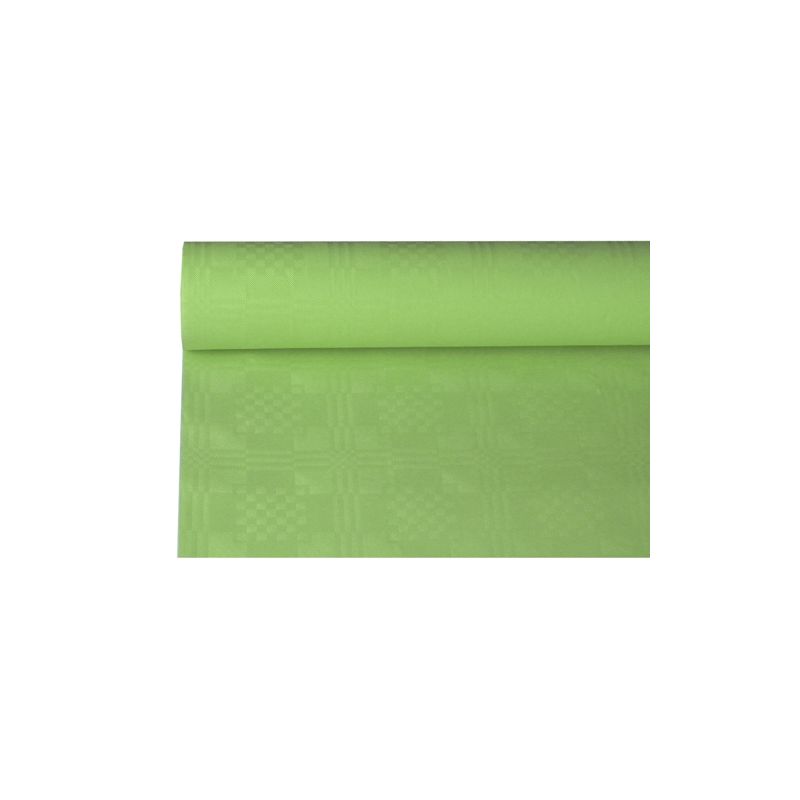 The PAPSTAR paper tablecloth with damask embossing from PAPSTAR GmbH, 8 m x 1.2 m, in light green with a subtle checkered pattern, lends elegance to any table decoration. The smooth paper tablecloth is partially unrolled, allowing its design to stand out against a plain white background.