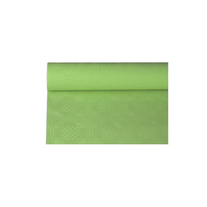The PAPSTAR paper tablecloth with damask embossing from PAPSTAR GmbH, 8 m x 1.2 m, in light green with a subtle checkered pattern, lends elegance to any table decoration. The smooth paper tablecloth is partially unrolled, allowing its design to stand out against a plain white background.
