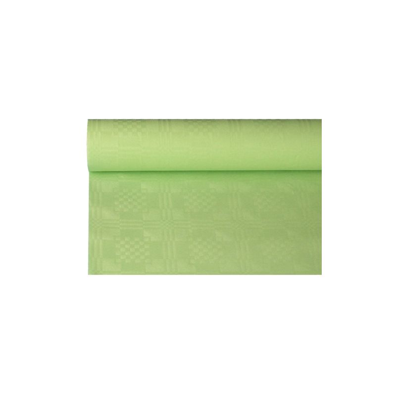A roll of the light green PAPSTAR paper tablecloth with damask embossing from PAPSTAR GmbH, measuring 8 m x 1.2 m, is partially unrolled to highlight the subtle geometric pattern, making it perfect for an elegant table decoration.