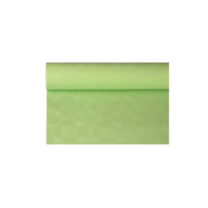 A roll of the light green PAPSTAR paper tablecloth with damask embossing from PAPSTAR GmbH, measuring 8 m x 1.2 m, is partially unrolled to highlight the subtle geometric pattern, making it perfect for an elegant table decoration.