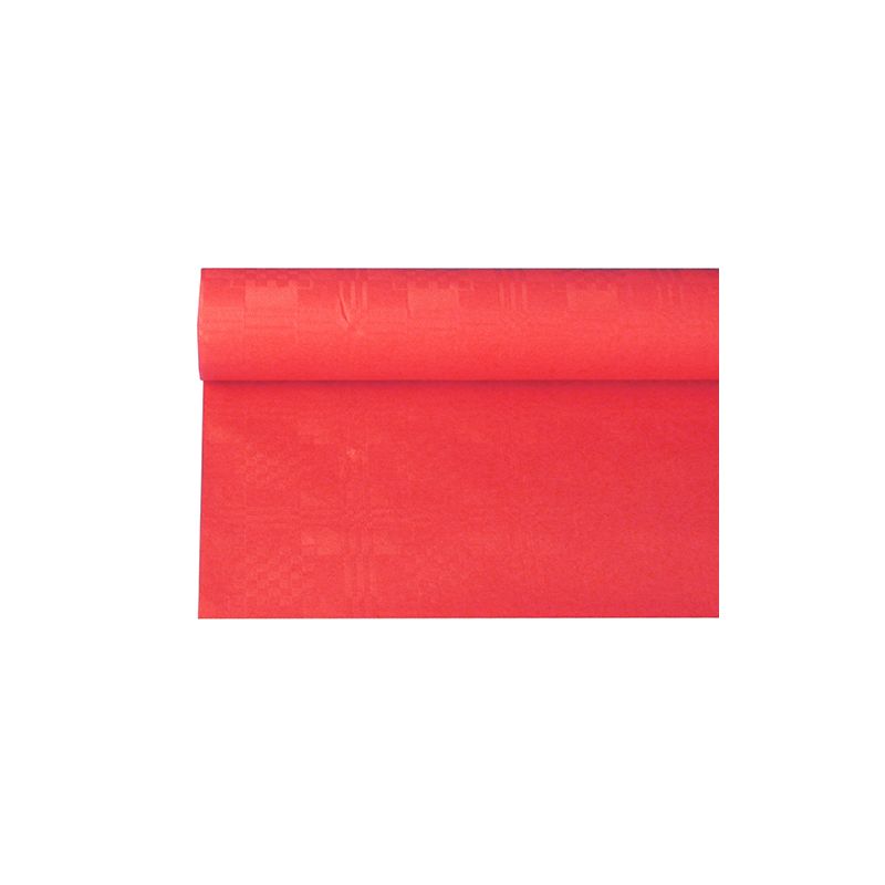 A roll of PAPSTAR paper tablecloth with damask embossing, ideal for festive occasions, is partially unrolled and shows its smooth texture. The slight reflection of the material suggests a satin or silk-like quality. It is elegantly presented against a plain white background.