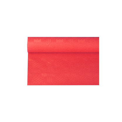 A roll of PAPSTAR paper tablecloth with damask embossing, ideal for festive occasions, is partially unrolled and shows its smooth texture. The slight reflection of the material suggests a satin or silk-like quality. It is elegantly presented against a plain white background.