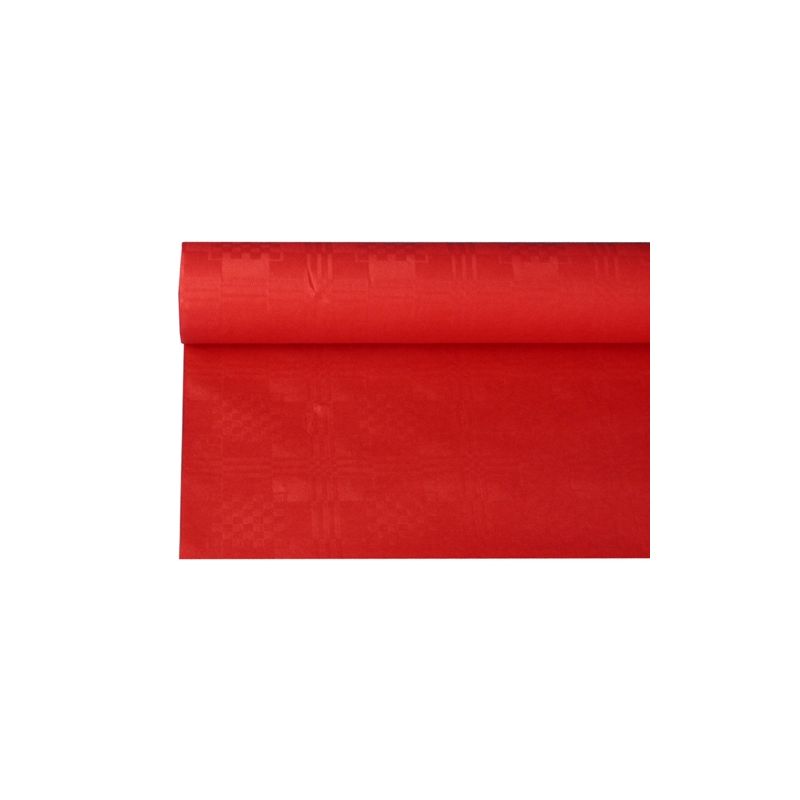 An 8 x 1.2 meter roll of red PAPSTAR paper tablecloth with damask embossing, partially unrolled and lying flat on a white background.