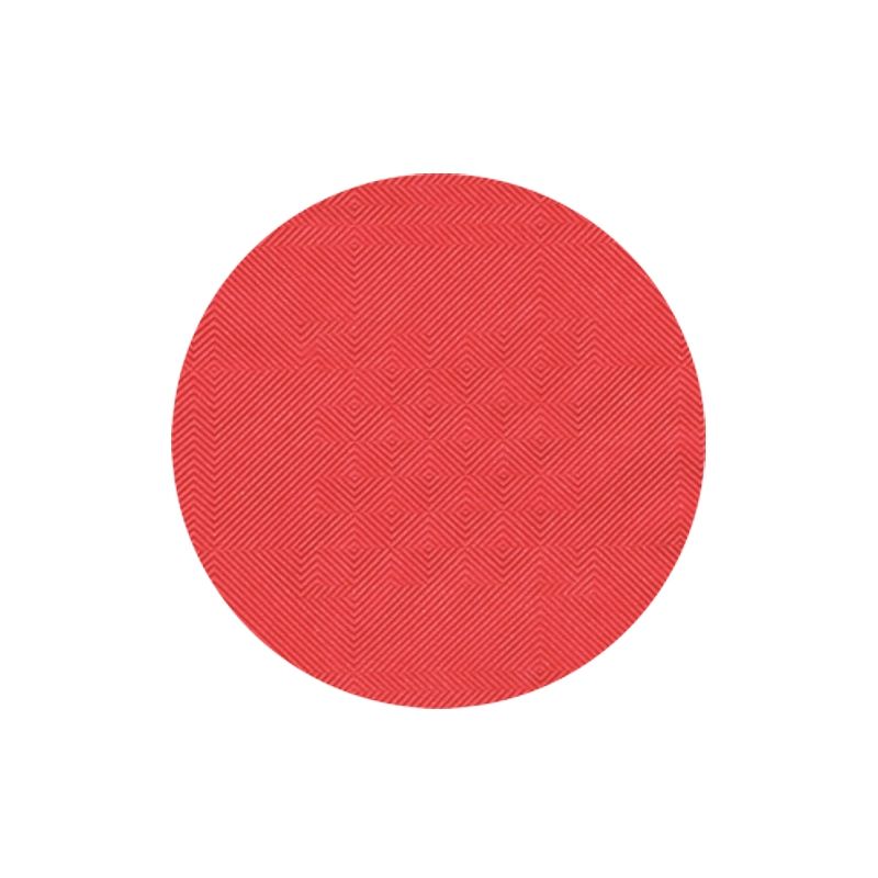 In front of a white background, the PAPSTAR paper tablecloth with damask embossing from PAPSTAR GmbH is presented with a red, round disc with a textured surface and damask embossing pattern, perfect for refining your table decoration.