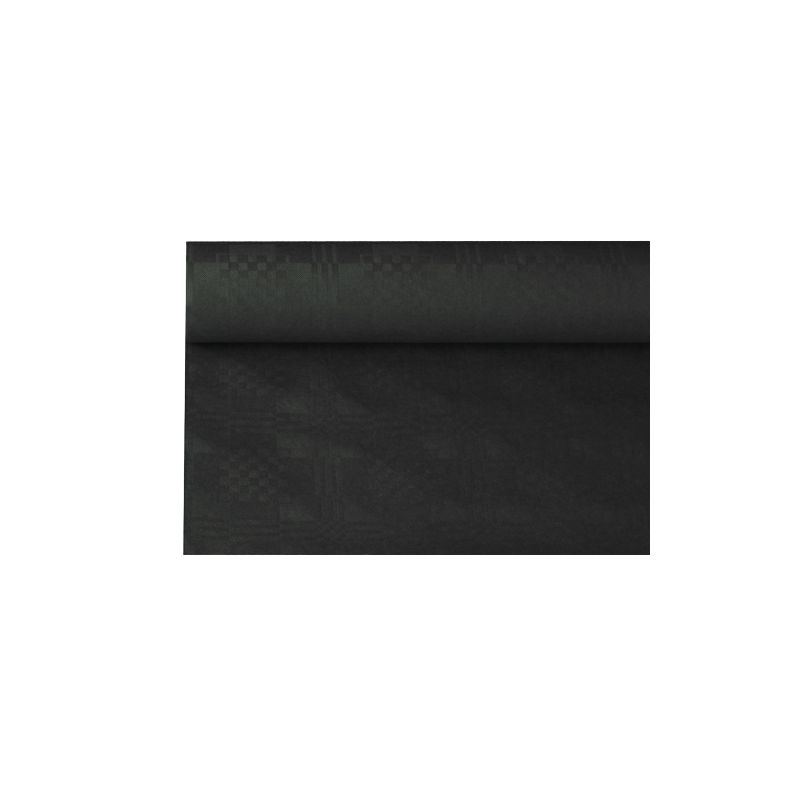A roll of the paper tablecloth with damask embossing from PAPSTAR GmbH with a subtle geometric pattern adorns the scene. This dark-colored fabric, reminiscent of an elegant table decoration, is partially unrolled in front of a flawlessly white background.