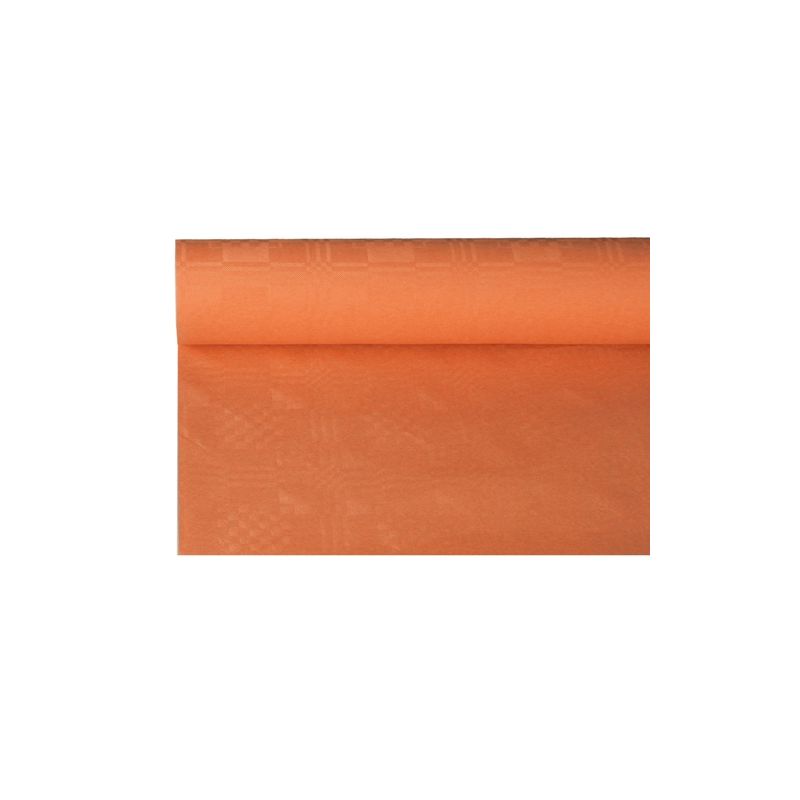 A PAPSTAR paper tablecloth with damask embossing, partially unrolled to show its elegant design, is perfect for table decoration. It stands out wonderfully against a simple white background.