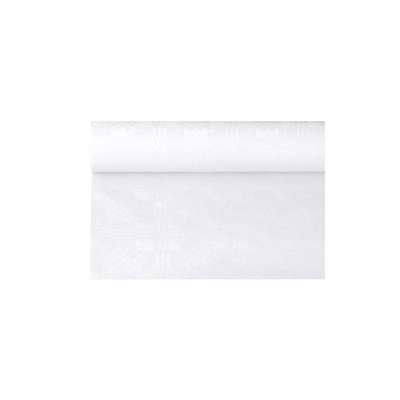 A roll of PAPSTAR paper tablecloth with damask embossing from PAPSTAR GmbH, similar to a simple white wallpaper for festive occasions, is partially unrolled and shows its smooth and even texture against the plain white background.