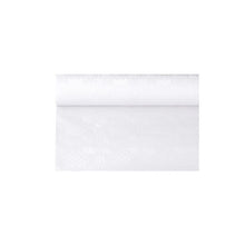 A roll of PAPSTAR paper tablecloth with damask embossing from PAPSTAR GmbH, similar to a simple white wallpaper for festive occasions, is partially unrolled and shows its smooth and even texture against the plain white background.